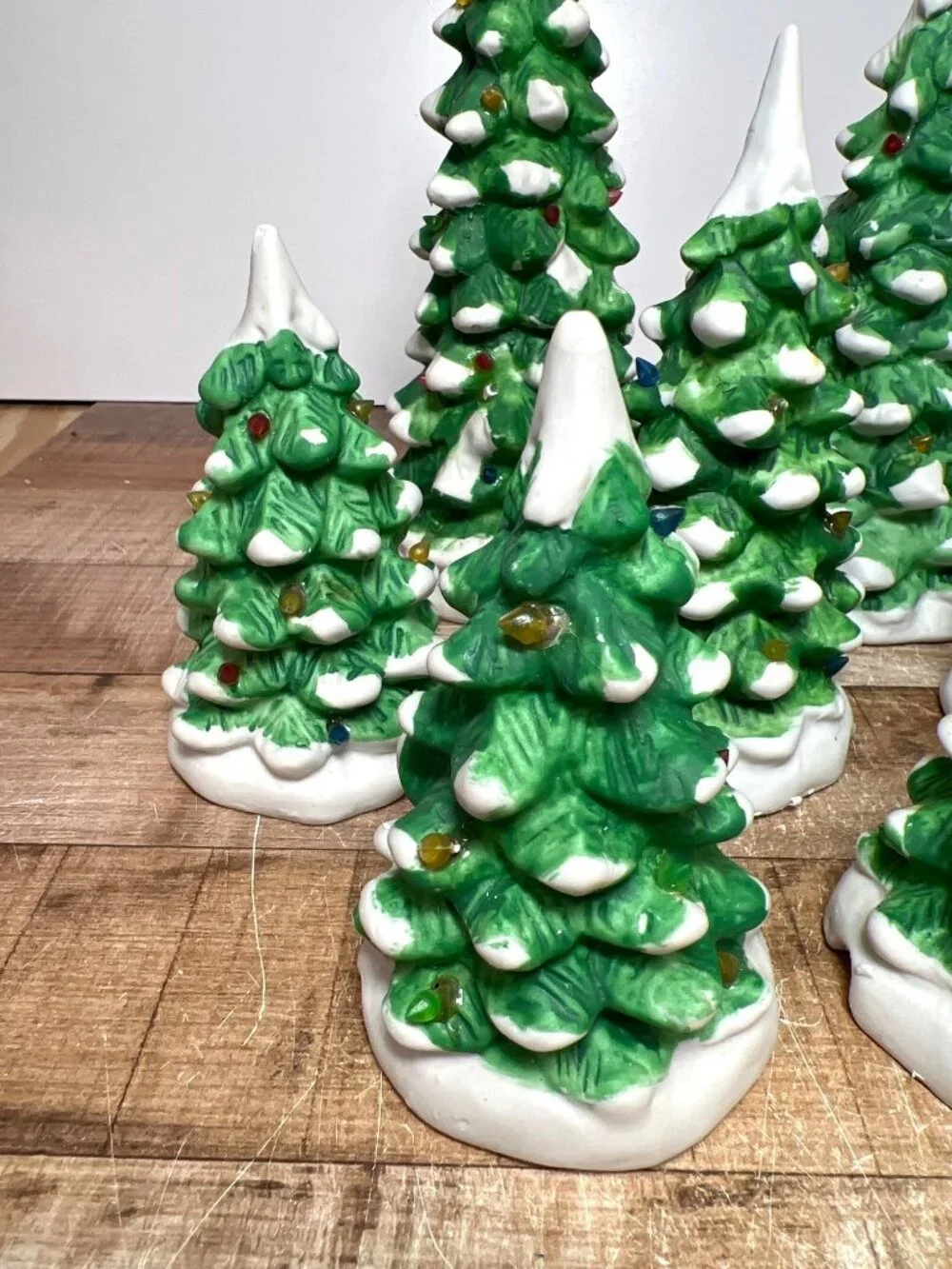 Lemax Set Of 10 Ceramic Christmas Trees With Snow Accents Multiple Sizes